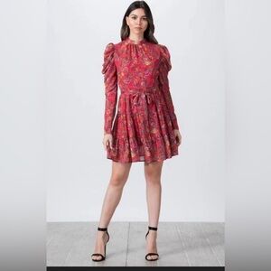 Red Floral Long-Sleeve Tiered Mini Dress